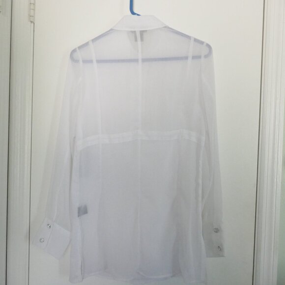 NWT Adolfo sheer white collared pintuck tunic blouse crystal buttons size M - Picture 3 of 9